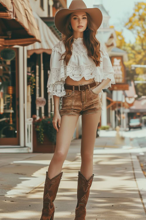 A woman wears brown cowboy boots with suede shorts, lace top and a cowboy hat