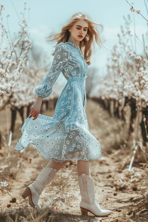A woman wears cowboy boots with a blue floral dress (2)