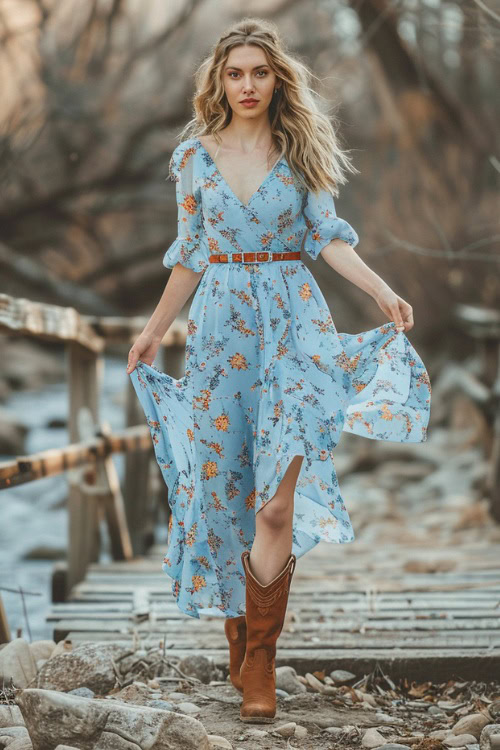 A woman wears cowboy boots with a blue floral dress