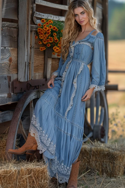 A woman wears cowboy boots with a blue long dress