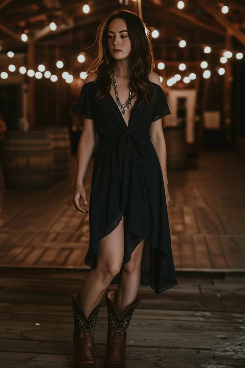 A woman wears cowboy boots with a dark dress