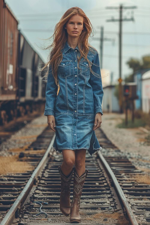A woman wears cowboy boots with a denim shirt dress