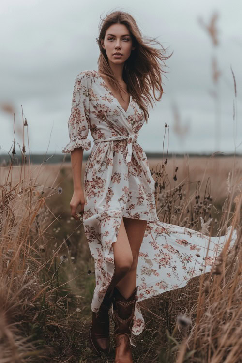 A woman wears cowboy boots with a floral wrap dress