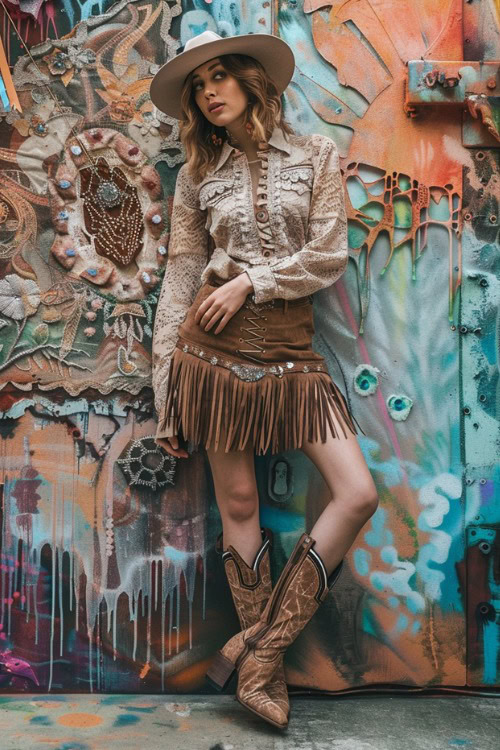 A woman wears cowboy boots with a fringe skirt and long sleeves top