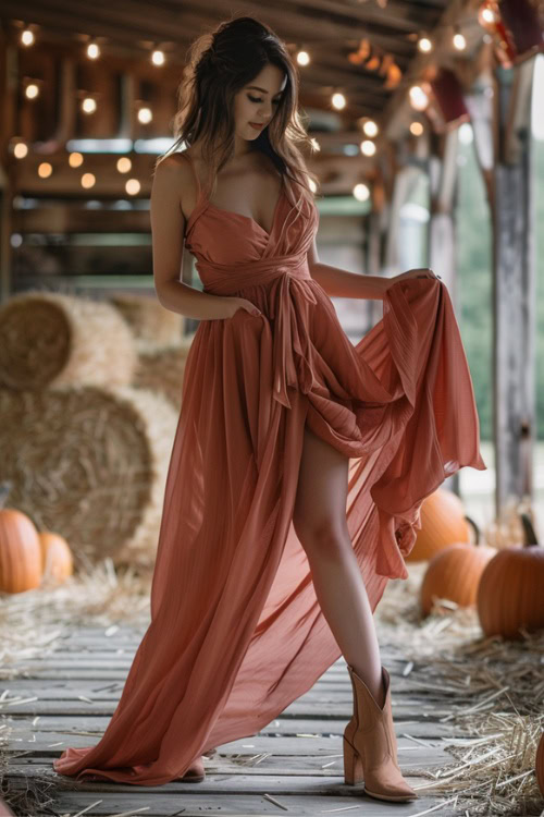 A woman wears cowboy boots with a long and orange dress