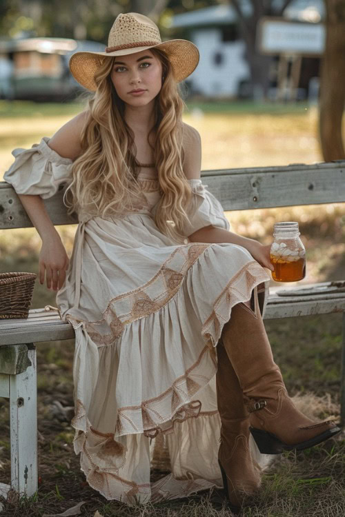 A woman wears cowboy boots with a long dress and a straw hat