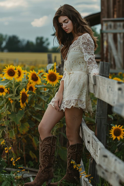 A woman wears cowboy boots with a short lace dress