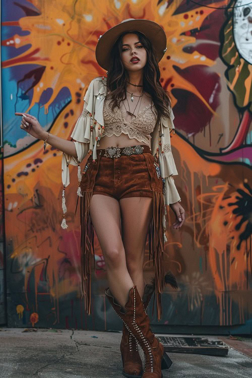 A woman wears cowboy boots with fringe shorts, light coat and a crop top