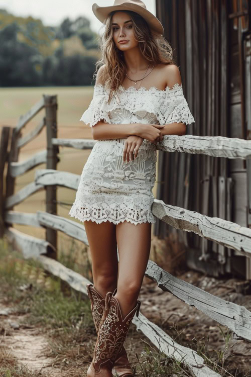 A woman wears cowboy boots with off-shoulder dress
