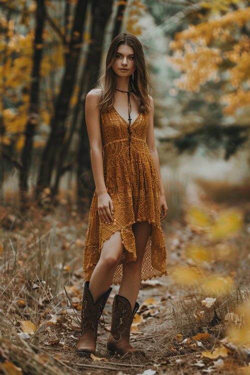 A woman wears cowboy boots with orange slip dress in the autumn