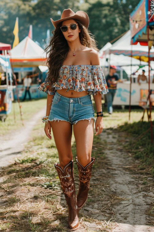 A woman wears cowboy boots with shorts, ruffle crop top