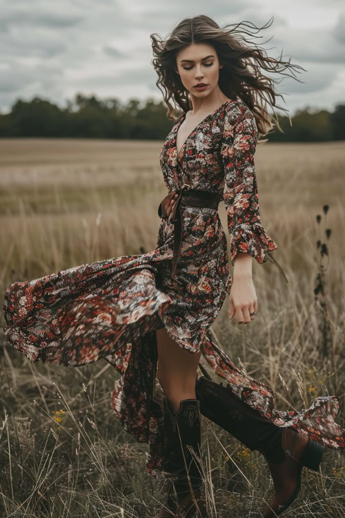 A woman wears dark brown cowboy boots with a floral wrap dress
