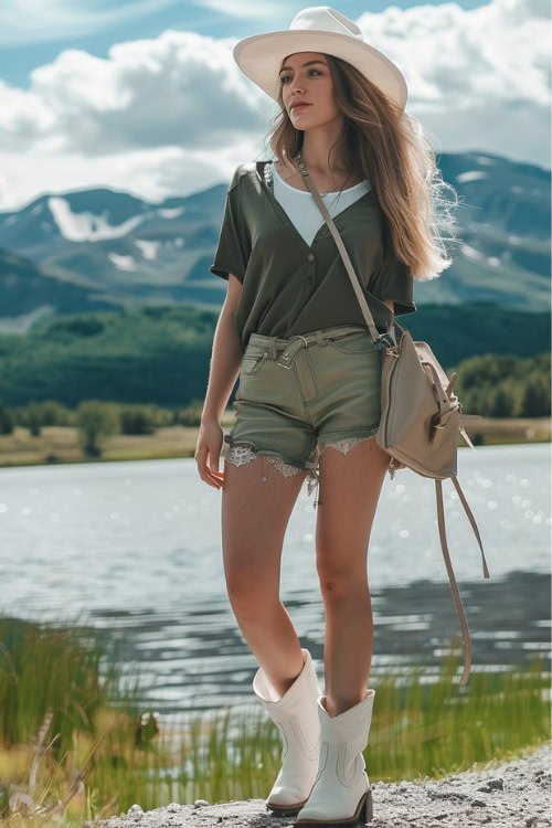 A woman wears faux leather shorts with tee and white cowboy boots