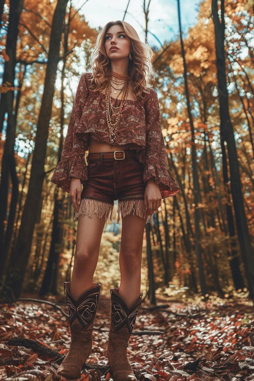 A woman wears long sleeves boho top with leather shorts and brown cowboy boots