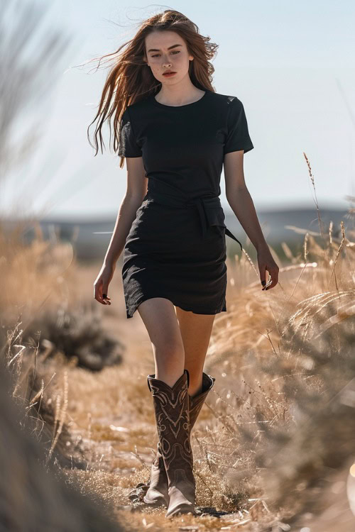 A woman wears mini black shirt dress with cowboy boots in the road