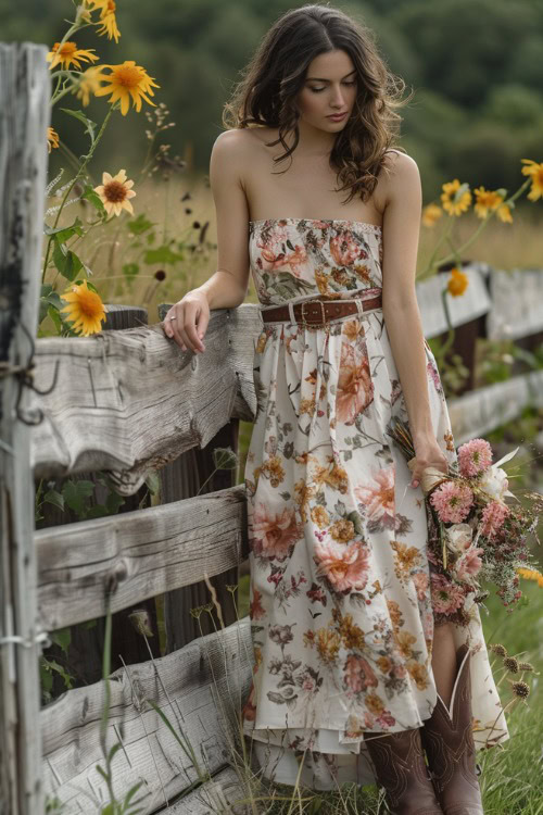 A woman wears off-shoulder floral dress with brown cowboy boots