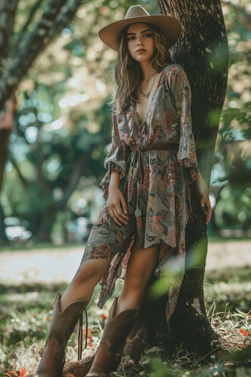 A woman wears oversized dress with a cowboy hat and cowboy boots