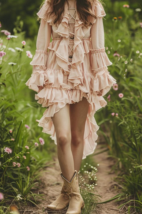 A woman wears pastel ruffle dress with tan ankle cowboy boots