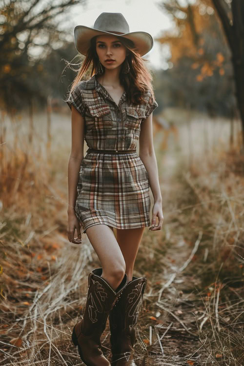 A woman wears plaid shirt dress with cowboy boots