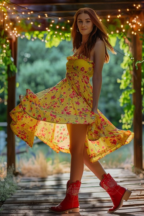 A woman wears red cowboy boots with a yellow floral dress