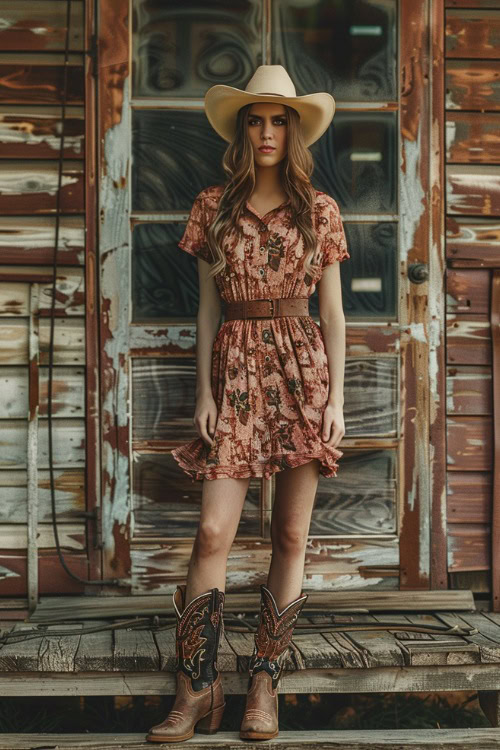 A woman wears ruffle mini shirt dress with cowboy boots