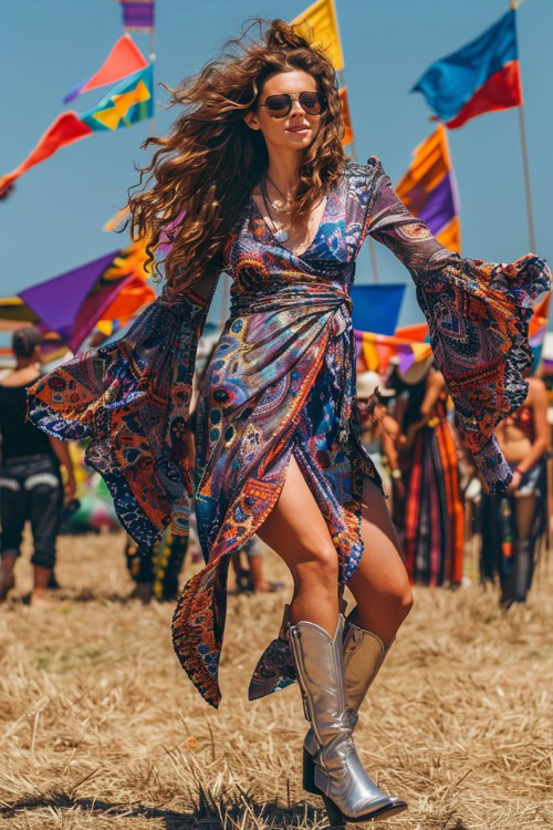 A woman wears silver cowboy boots with colorful wrap dress in the concert