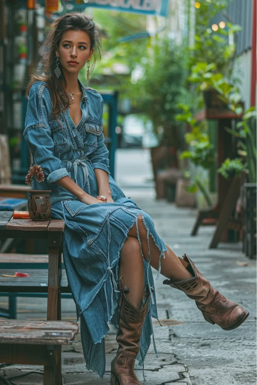 A woman wears slouching cowboy boots with a denim wrap dress