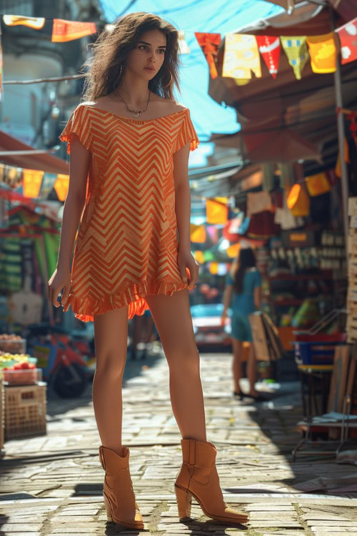 A woman wears stripped orange t-shirt dress with brown cowboy boots