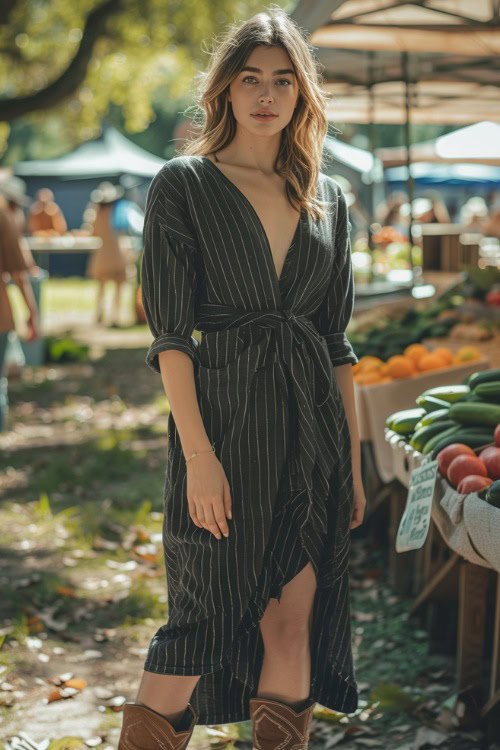 A woman wears stripped wrap dress with brown cowboy boots