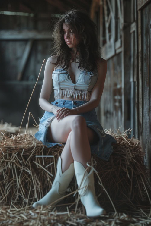 A woman wears white cowboy boots, denim skirt and aa white crop top