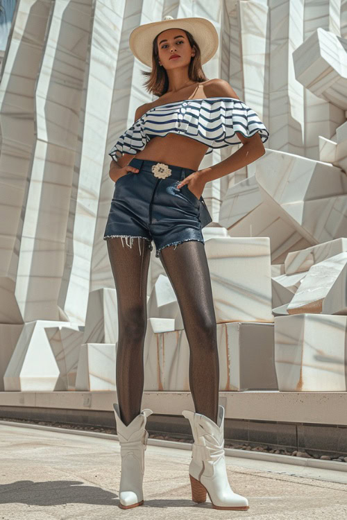 A woman wears white cowboy boots, leather shorts and a striped top