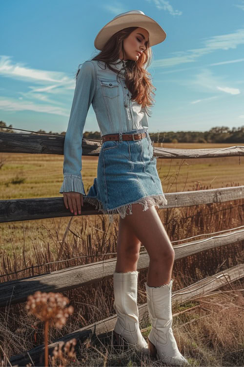 A woman wears white cowboy boots with a denim skirt and a denim top