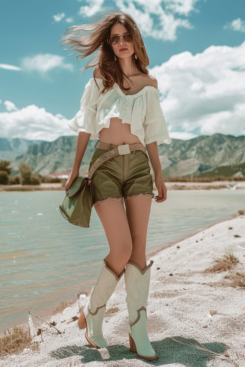 A woman wears white cowboy boots with an olive leather shorts and a breezy crop top
