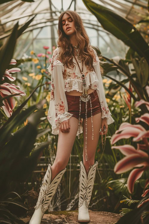 A woman wears white cowboy boots with faux leather shorts and breezy floral top
