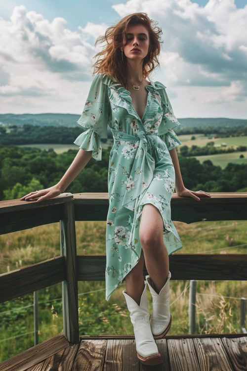 A woman wears white cowboy boots with green floral dress