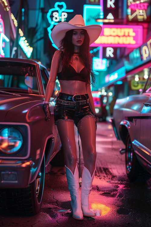 A woman wears white cowboy boots with leather shorts and a crop top