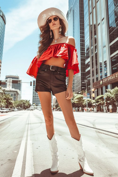 A woman wears white cowboy boots with leather shorts and a red crop top