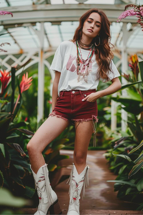 A woman wears white fringe cowboy boots with suede shorts and a simple white tee
