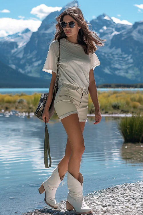 A woman weasr white cowboy boots with faux leather shorts, simple white tee and a cross bdy bag
