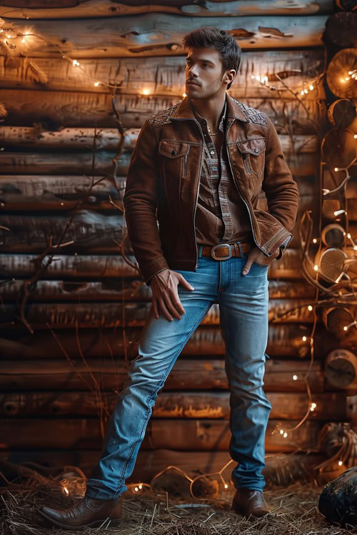a man wears jeans with cowboy boots and a brown shirt and brown jacket