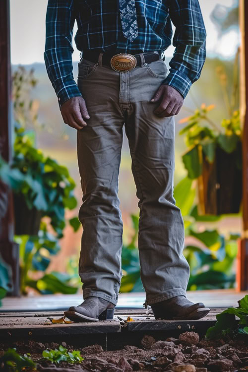 a man wears khaki pants with cowboy boots and a plaid shirt