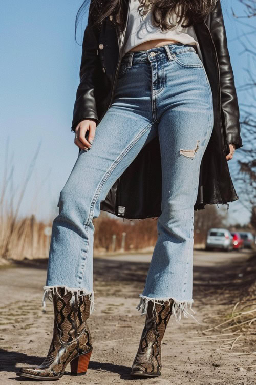 a woman wears a black jacket, crop flare jeans and snakeskin cowboy boots