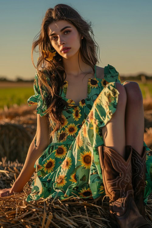 a woman wears a green sundress with sunflower print and brown cowboy boots for summer