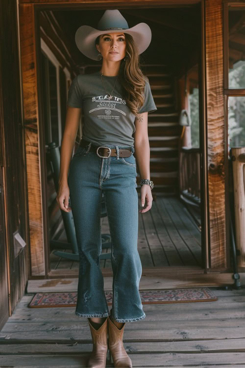 a woman wears a hat, t shirt, crop flare jeans and brown cowboy boots