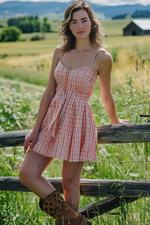 a woman wears a pink sundress with brown cowboy boots