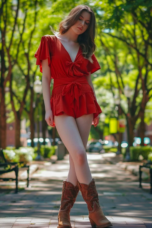 a woman wears a red romper with brown cowboy boots on the street