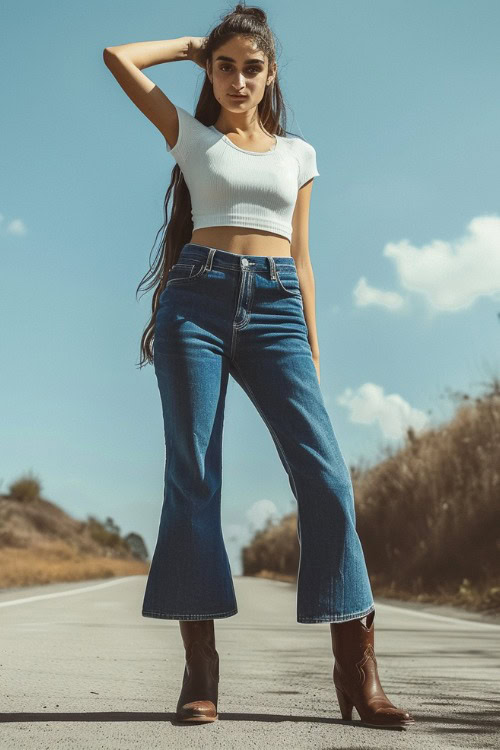 a woman wears a white top, crop flare jeans with brown cowboy boots