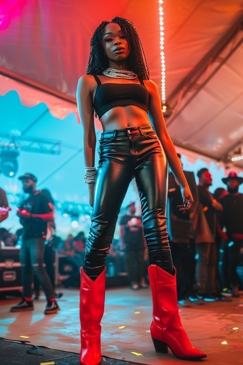 a woman wears black pants, black crop top and red cowboy boots for concert