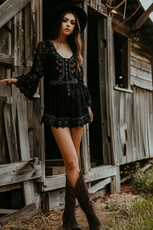 a woman wears black romper with brown cowboy boots in a barn