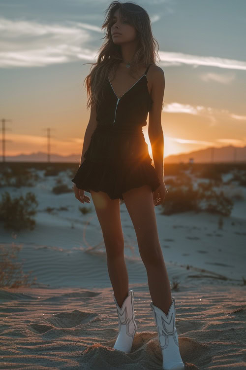a woman wears black romper with white cowboy boots on the sand